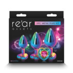 Multi Coloured Metallic Butt Plugs with Rainbow Hearts - Set of 3 Sizes