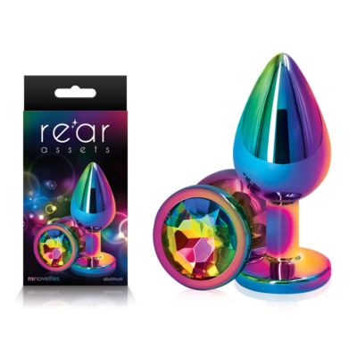 Multi Coloured Medium Metal Butt Plug with Rainbow Gem Base