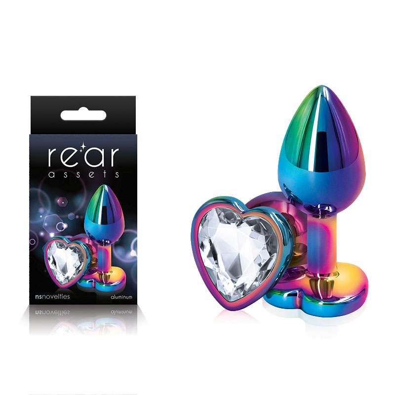 Multi Coloured Small Metal Butt Plug with Clear Heart Gem Base