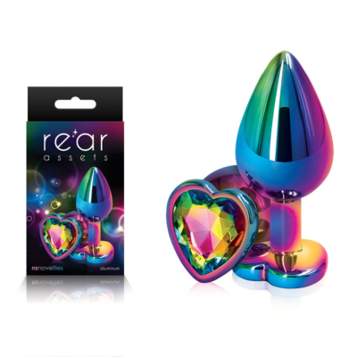 Multi Coloured Medium Metal Butt Plug with Rainbow Heart Gem Base