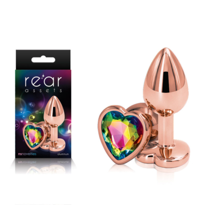 Rose Gold Small Metal Butt Plug with Rainbow Heart Gem Base