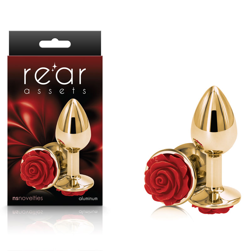 Gold 7.6 cm Metal Butt Plug with Red Rose Base