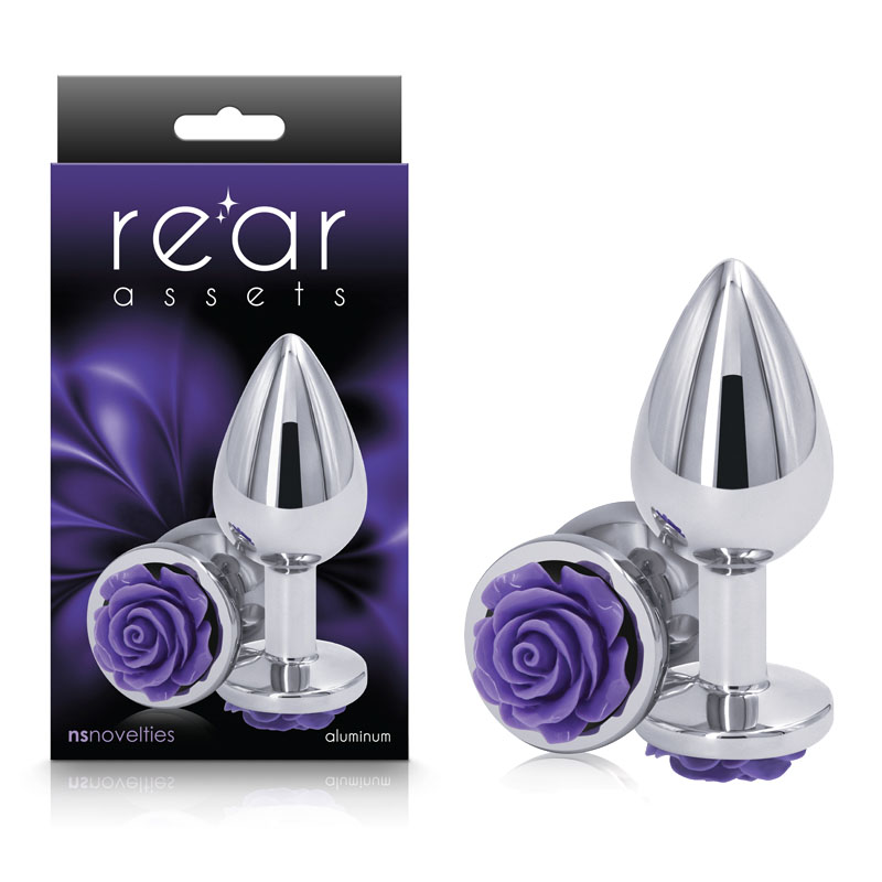 Chrome 8.9 cm Metal Butt Plug with Purple Rose Base