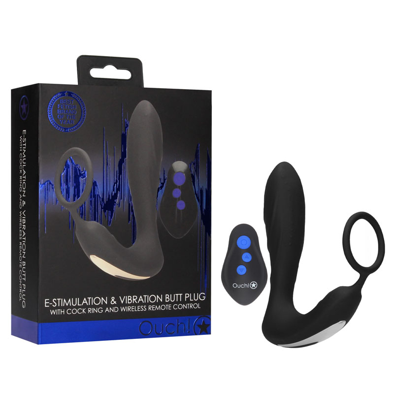 Black USB Rechargeable Vibrating Butt Plug & Cock Ring with e-Stim