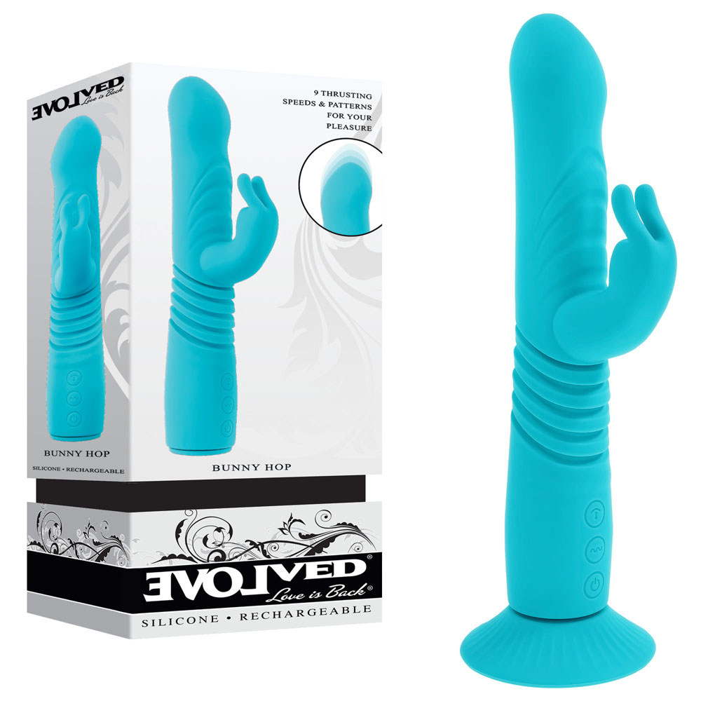 Teal 25.1 cm USB Rechargeable Thrusting Rabbit Vibrator with Suction Base