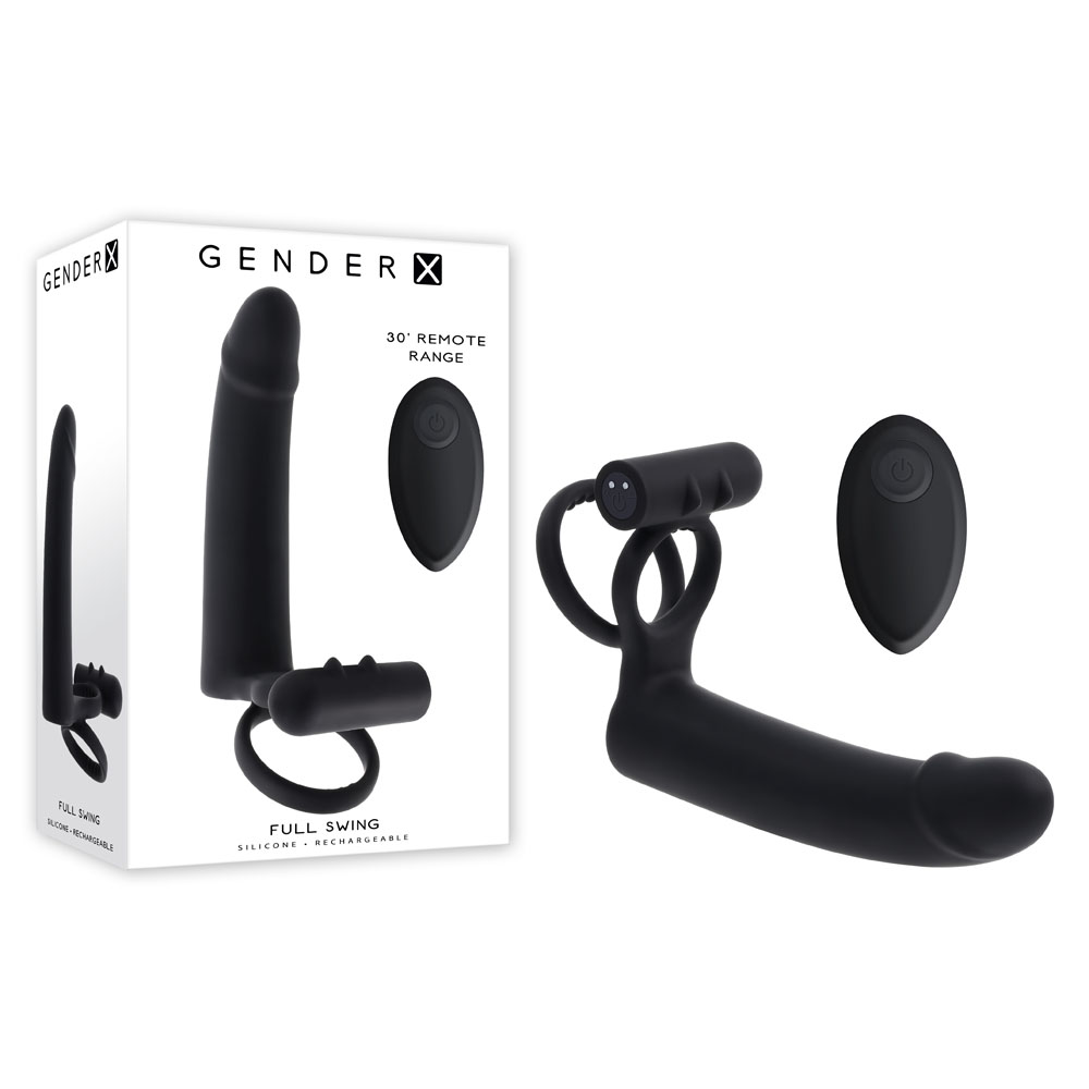 Black USB Rechargeable Vibrating Cock Ring with Double Penetrator Dildo