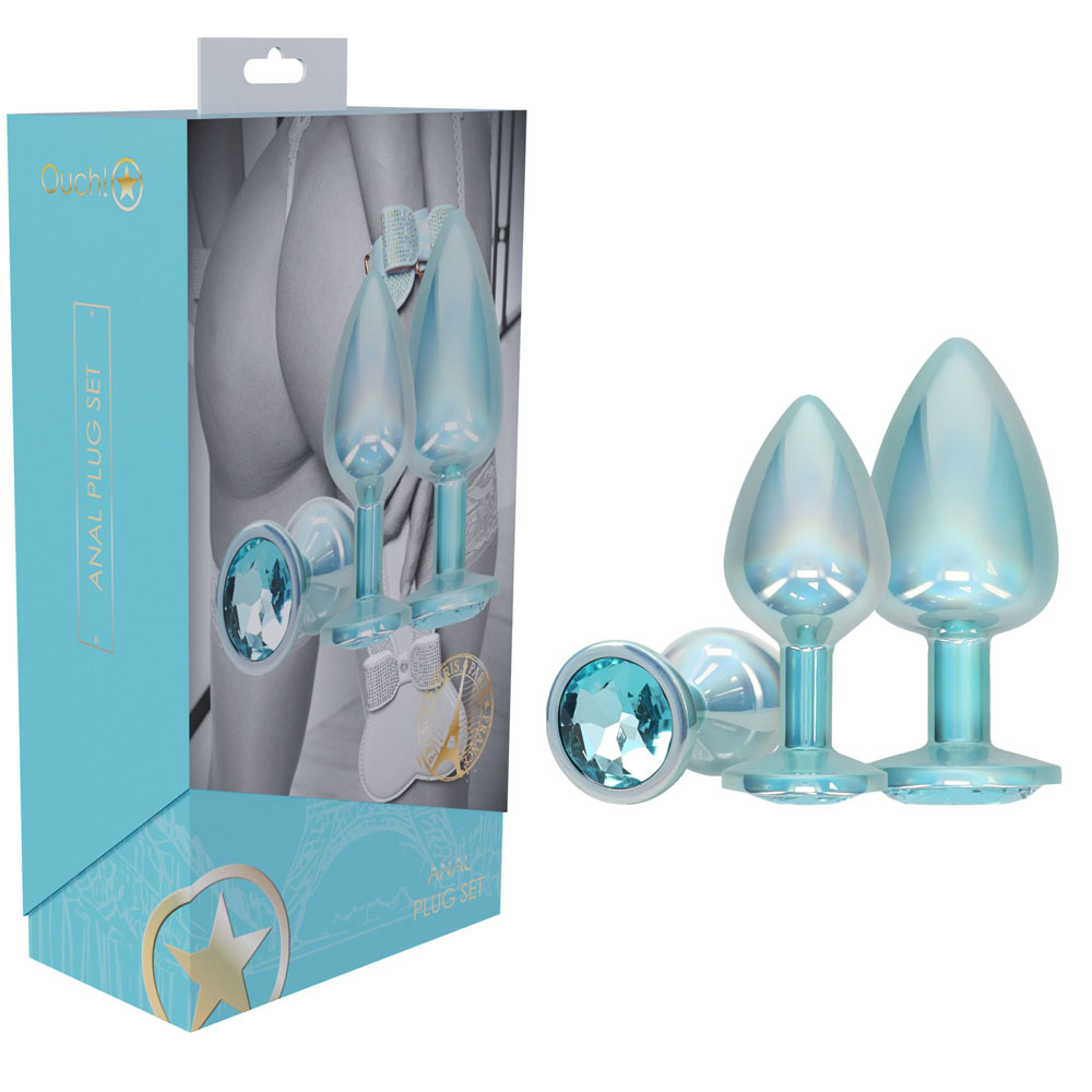 Metallic Blue Butt Plugs with Gem Bases - Set of 3 Sizes