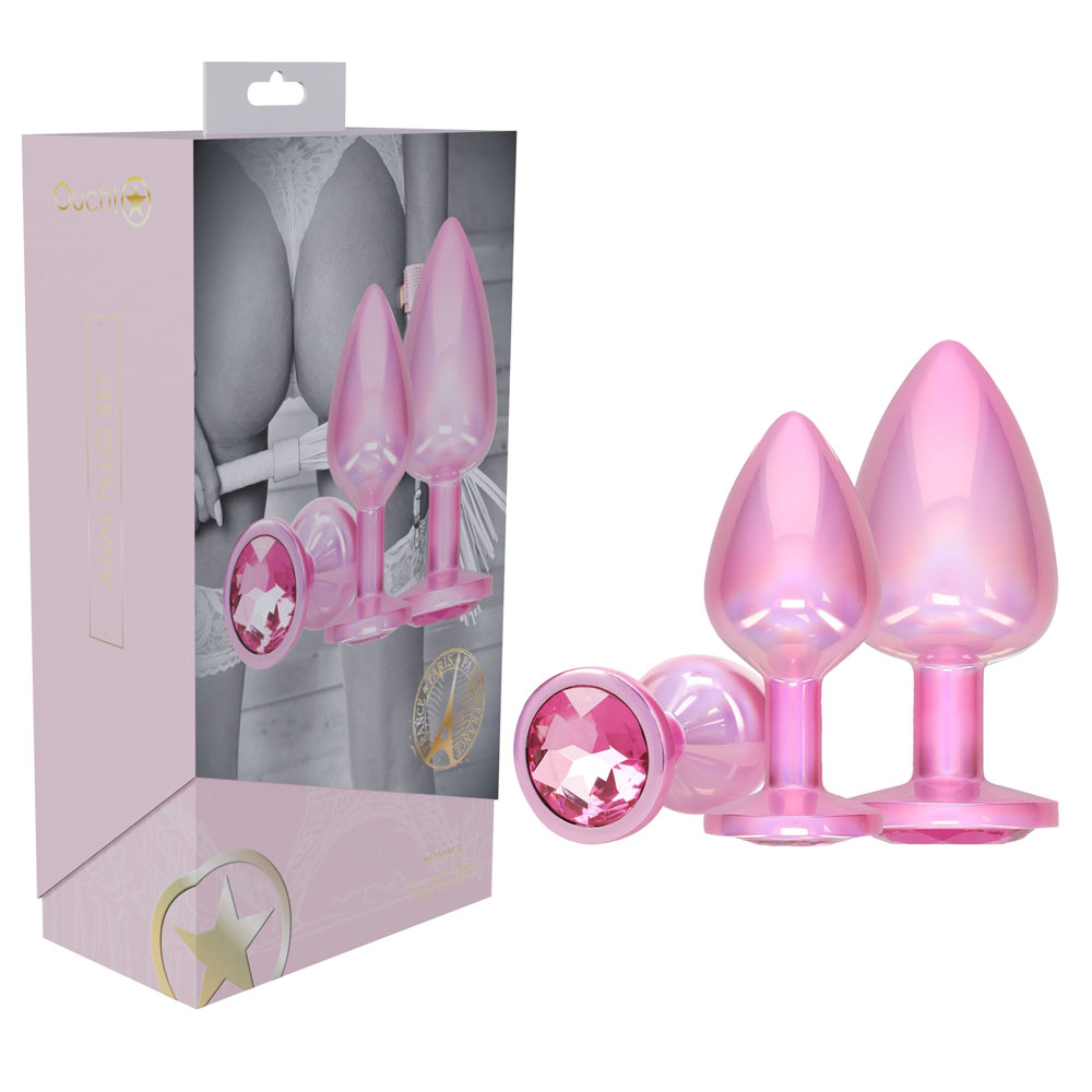 Metallic Pink Butt Plugs with Gem Bases - Set of 3 Sizes