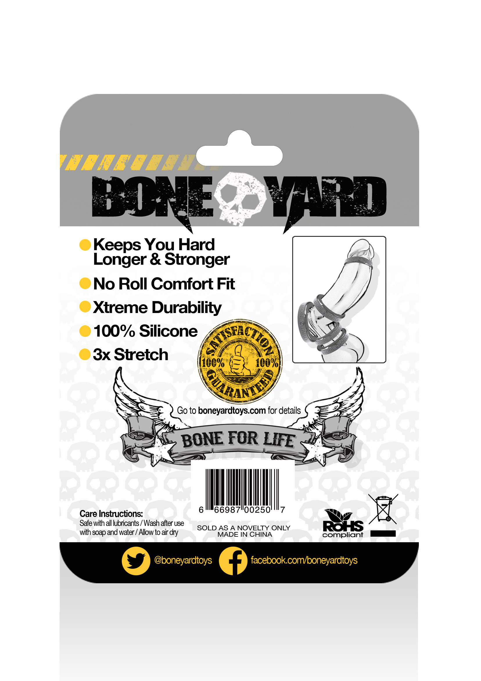 Boneyard Silicone Ring 2.0″ (50mm) Black These must-have man toys are designed with superior materials and production thus increasing both comfort and lifespan. The powerful and iconic Boneyard-branded design has a sleek silicone finish and features a superior and durable 3x-stretch. The soft medical grade 100% silicone rings and non-roll design provide a snug fit that both the wearer and his playmates will appreciate. Unique to themselves