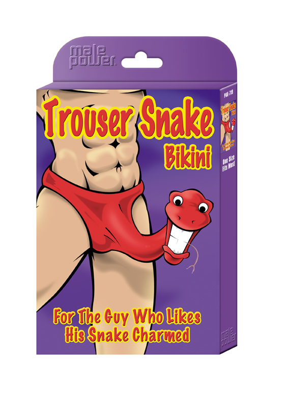 the Novelty Trouser Snake Bikini is always just seconds away from a venomous encounter. Open mouthed with tongue hanging out surely mean hours of slinking and slithering. Stretchy polyester-spandex blend keeps you comfortable when hunting prey.</span></p>