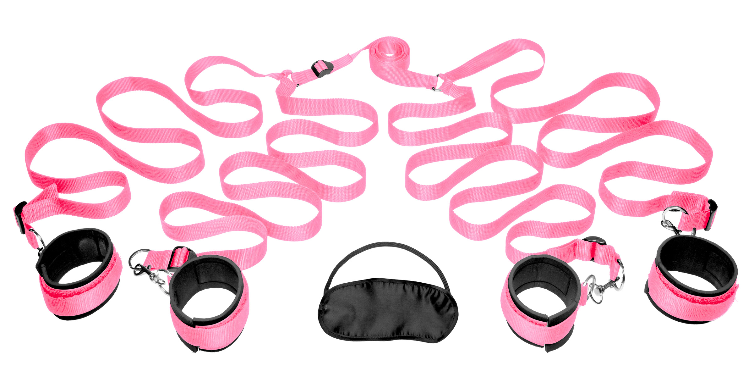 yet close securely with heavy duty Velcro. Swivel clips attach the cuffs to straps underneath the mattress. Enjoy putting your partner in compromising positions as you tease and please them until you decide they are released!Measurements: Four restraint straps and connector strap adjust up to approx. 48 inches in length