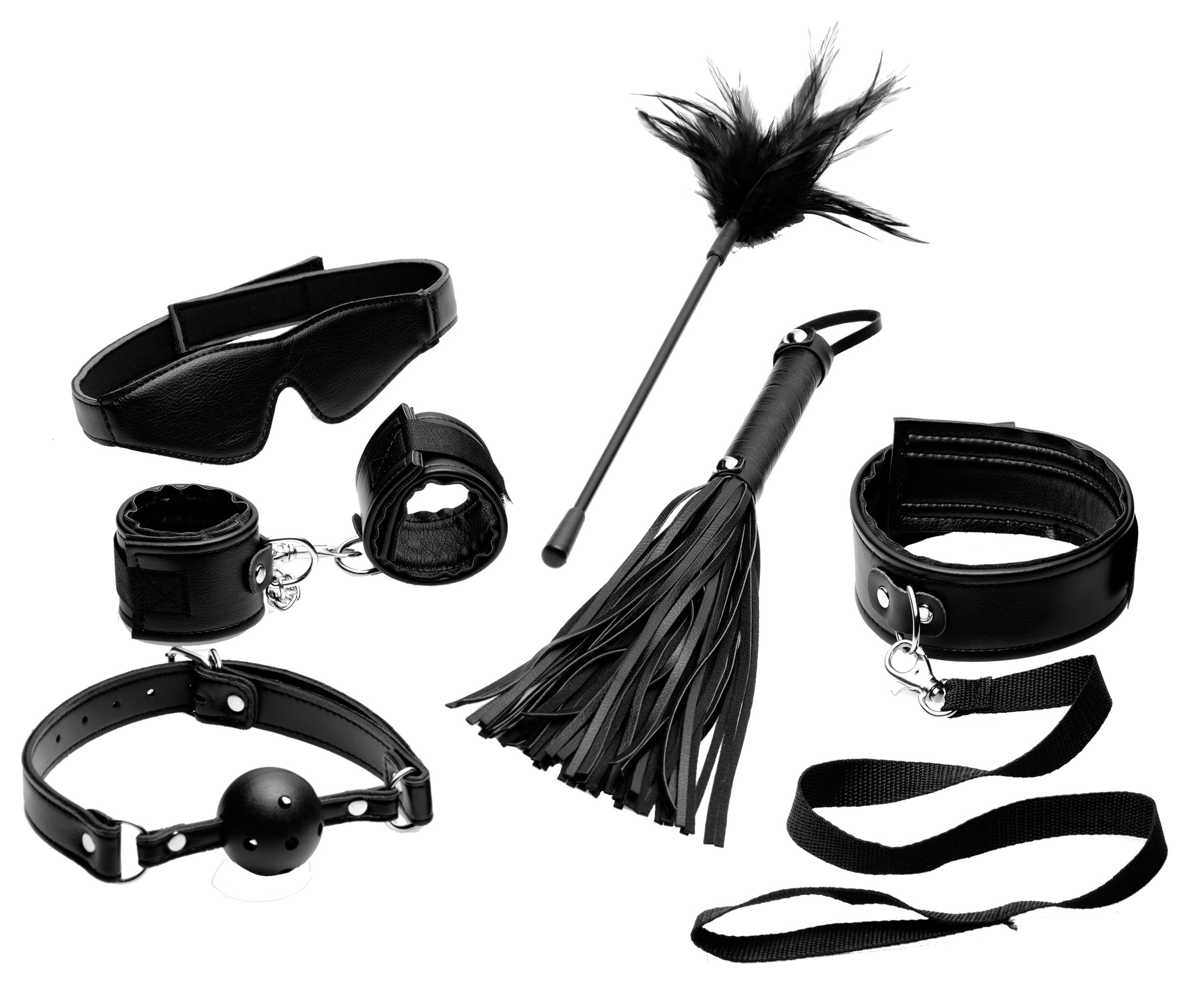 Everything you need for a night of steamy bondage is right here. This sexy collection includes a tassel flogger than can tickle or sting. A feather crop to tease a please. A lights out blindfold to keep you in suspense. A breathable ball gag to keep you silent. Of course a bondage set would not be complete without some sexy cuffs and a leash and collar