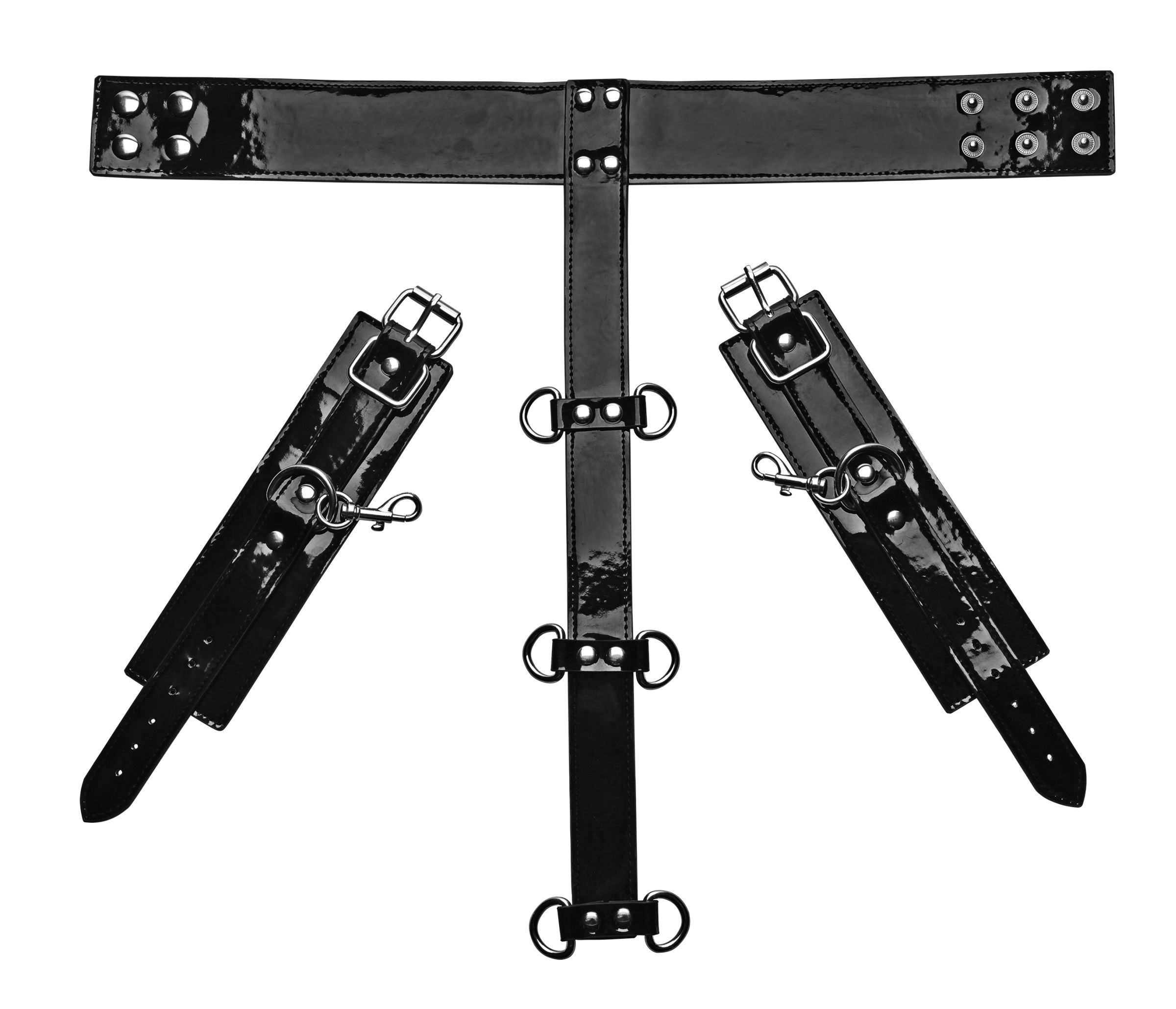 Confine your partner is this fully adjustable neck and wrist restraint system! Whether your play thing is wearing this set down their front or back