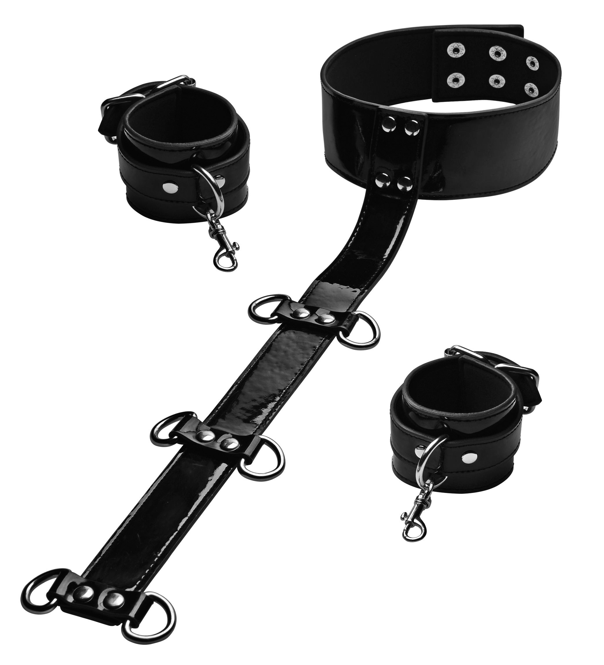 the removable cuffs can be moved onto any of the three D-rings on each side. Leave your lover trapped and expose as you pleasure them. The neoprene lining is comfortable and durable for long-term use with many repeats! The snap collar is easy to put on and remove quickly