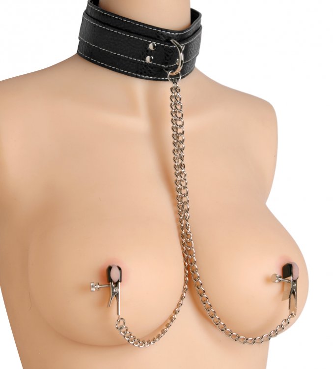 collar and clamp...pleasure and pain. Master Series has your fix with the Coveted Collar and Clamp Union. This two in one set is made with submission in mind. The quality leather collar secures by means of a buckle and has two 12 inch chains attached to a front D-ring. Ending the chains are adjustable nipple clamps that are quickly and easily made tighter or more loose with thumb screws