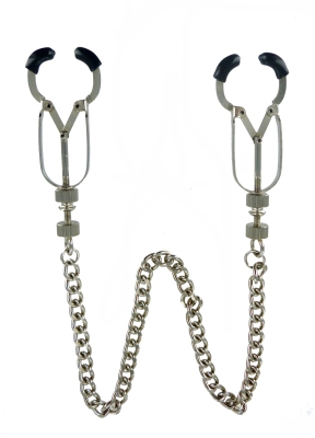 the Bauhaus Nipple Vice comes to you with two clamps that can be adjusted to your desired level of tightness with the adjusting screws located at the base. The tips are covered in soft TPR with the addition of a delicate curve at the very end that assists in gripping the skin of your subject. Ending this commanding piece is the addition of a 12 inch connecting chain that looks oh so enticing as it hangs from the captive nipples of your plaything.Measurements: Each clamp measures 3 inches in length