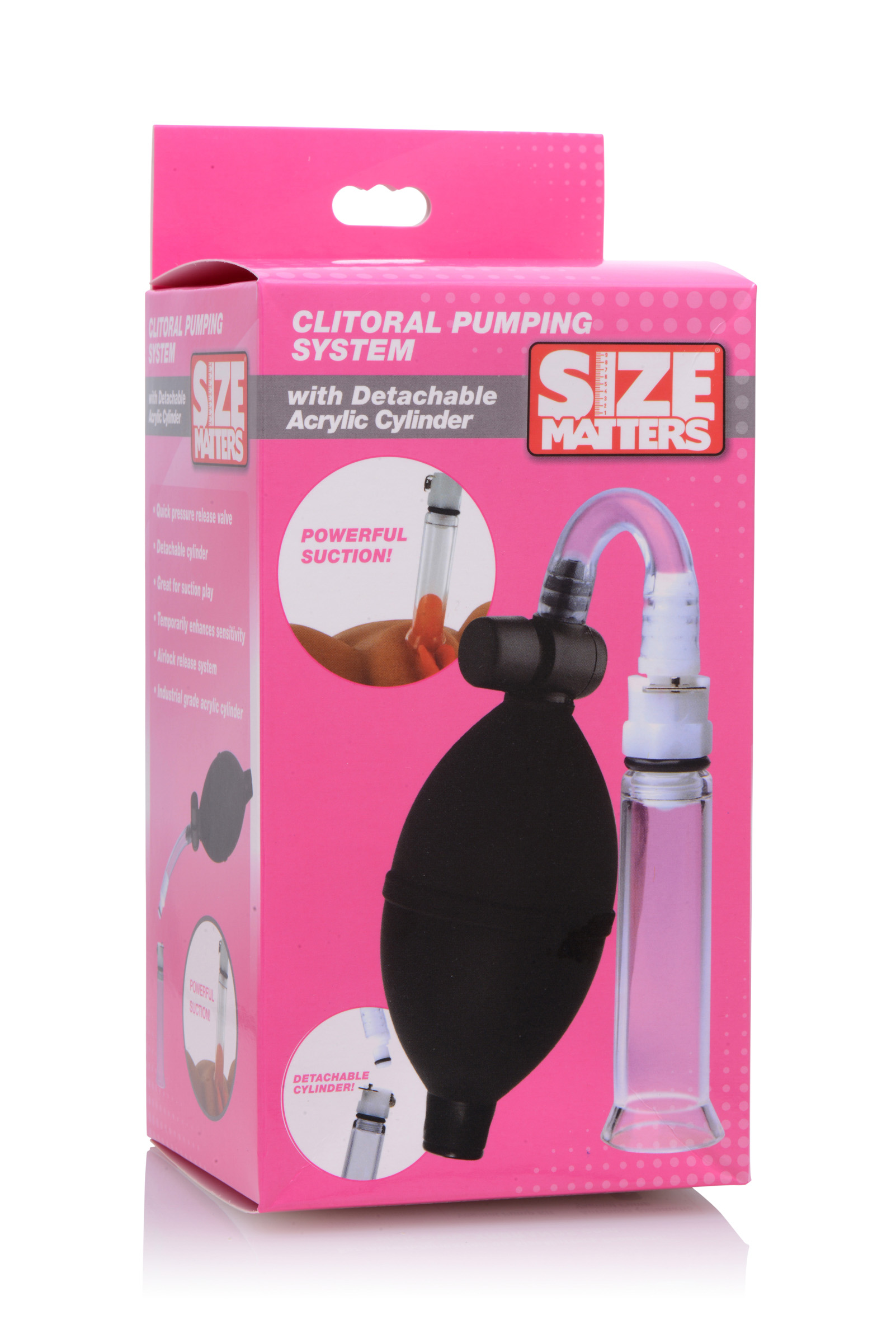 enhancing pleasure! Place the cylinder over your desired erogenous zone and squeeze the hand pump to draw blood into the area. You will feel suction as your clit increases temporarily in size and sensitivity. You can easily release the pressure in the cylinder by pressing the easy release valve on the bulb. You can also detach the industrial grade acrylic cylinder from the pump with an easy to use clip system