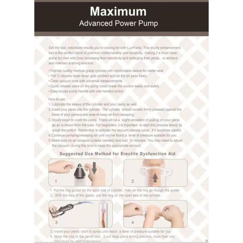 High-end finger grip pump with quick release valve and shatter proof polycarbonate cylinder with universal measurement. Included is a guider to ease included set of 4 silicone cockrings onto cylinder
