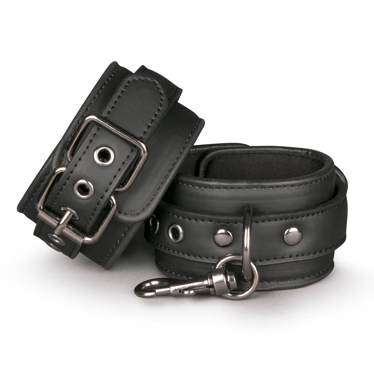 chains and bondage harnesses for example. The cuffs are made of faux leather lined with foam and have a soft