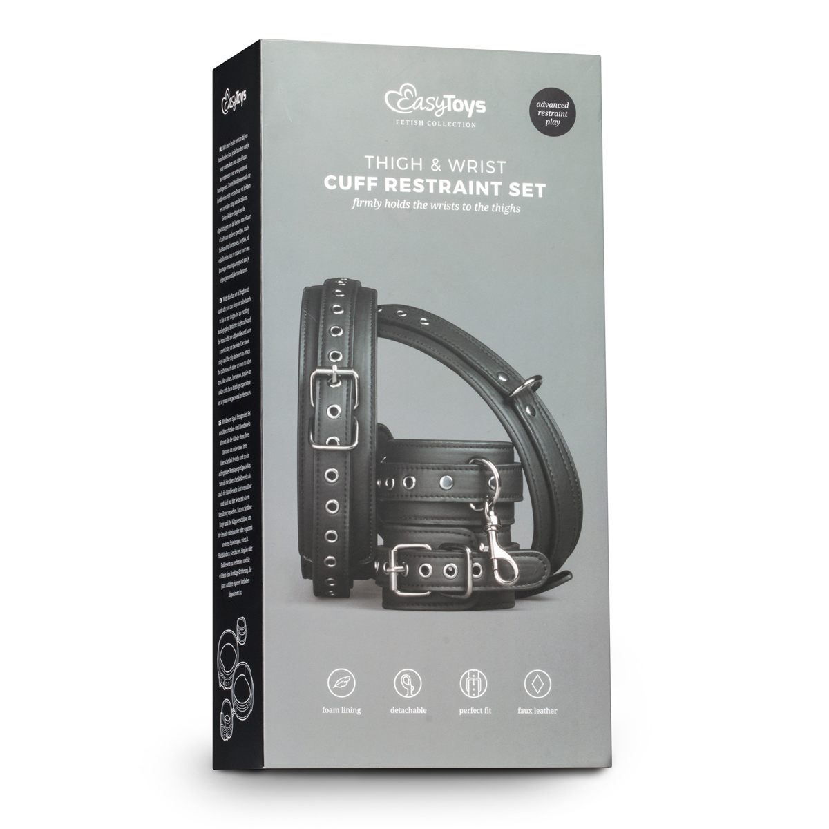 The handcuffs are attached to the thigh cuffs with clip fasteners. This means you can also detach the cuffs and use them separately or in combination with other BDSM toys.