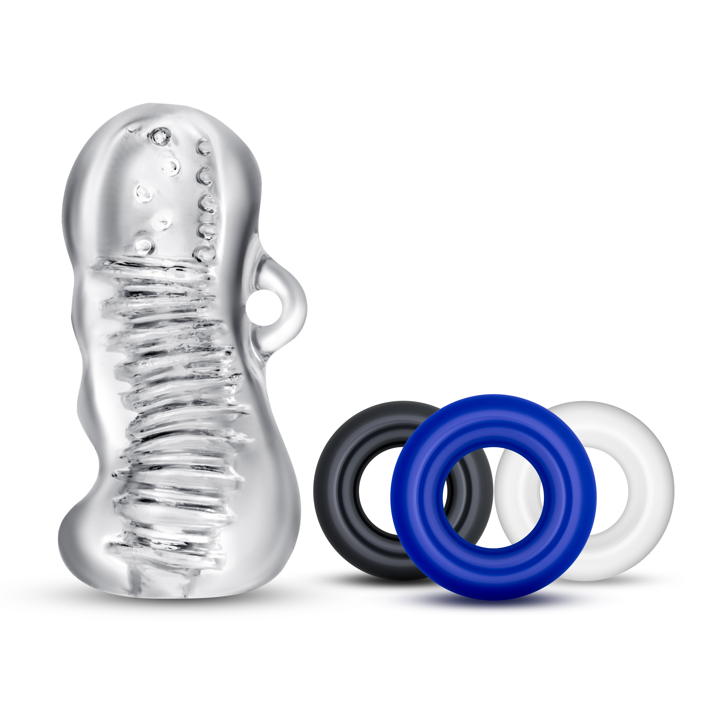 Enhance your enjoyment with the Quickie Kit - Jerk Off. Use the three cock rings to create extra pressure and increase stamina as you stroke your shaft with the sensuously soft sleeve. The ribbed inner channel of this bestselling