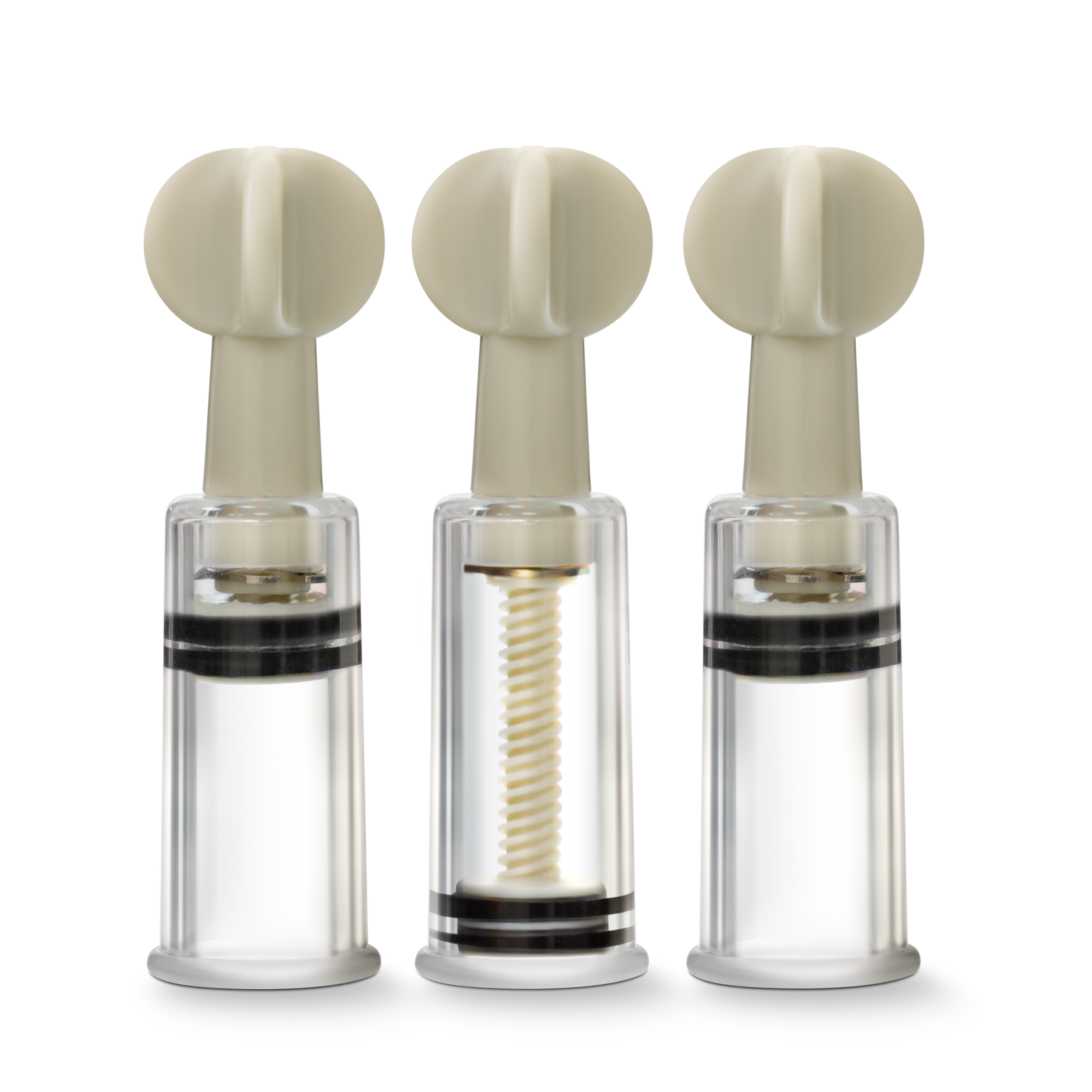 Temptasia Clit & Nipple Twist Suckers bring engorgement and heightened sensitivity to your most sensitive areas. Each pocket-sized suction cylinder in this triple set is fully adjustable. Place the cylinder over your clit or nipple