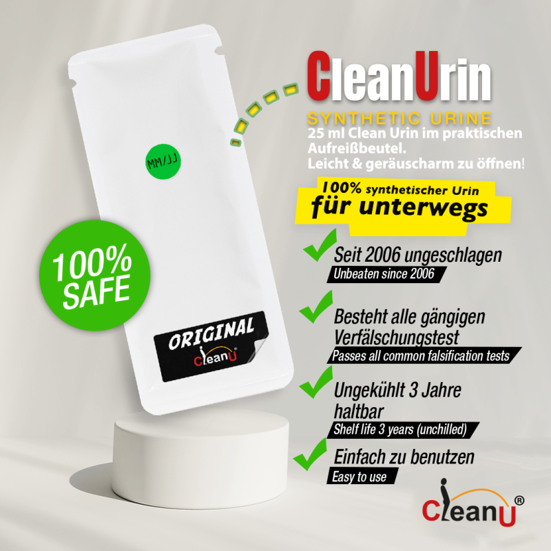 sturdy and yet supple 25 ml sachet that can be torn open. CleanUrin is therefore comfortable to carry (even when playing sports