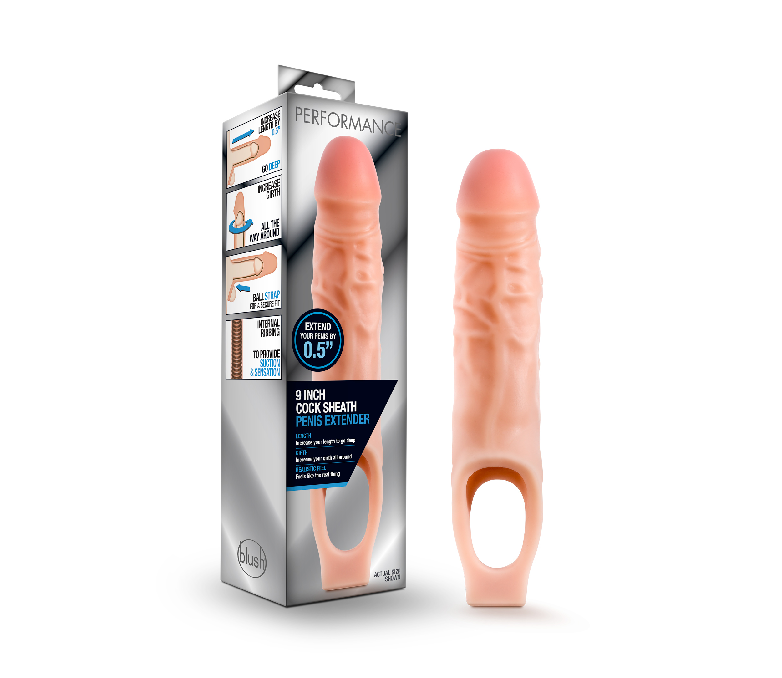 it's body safe and easy to clean.TEXTURED - Penis Extender with Internal Ribbing to Create Suction and Extra SensationSTAYS ON - Ball Strap Secures Around Ball Sac for Uninterrupted PlayAMPLIFY - Increases Total Length Plus GirthPEACE OF MIND - Made from TPE. Contains No Fragrances