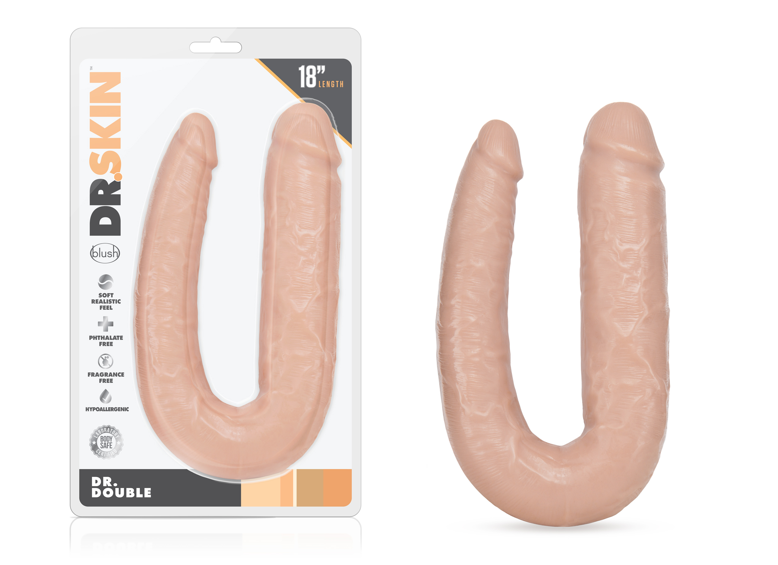 making it ideal for double penetration or for comfortable use between partners. Or try its extra-long length as a handle during solo play. The Dr. Skin Dr. Double features 2 different-sized ends: thick on one size