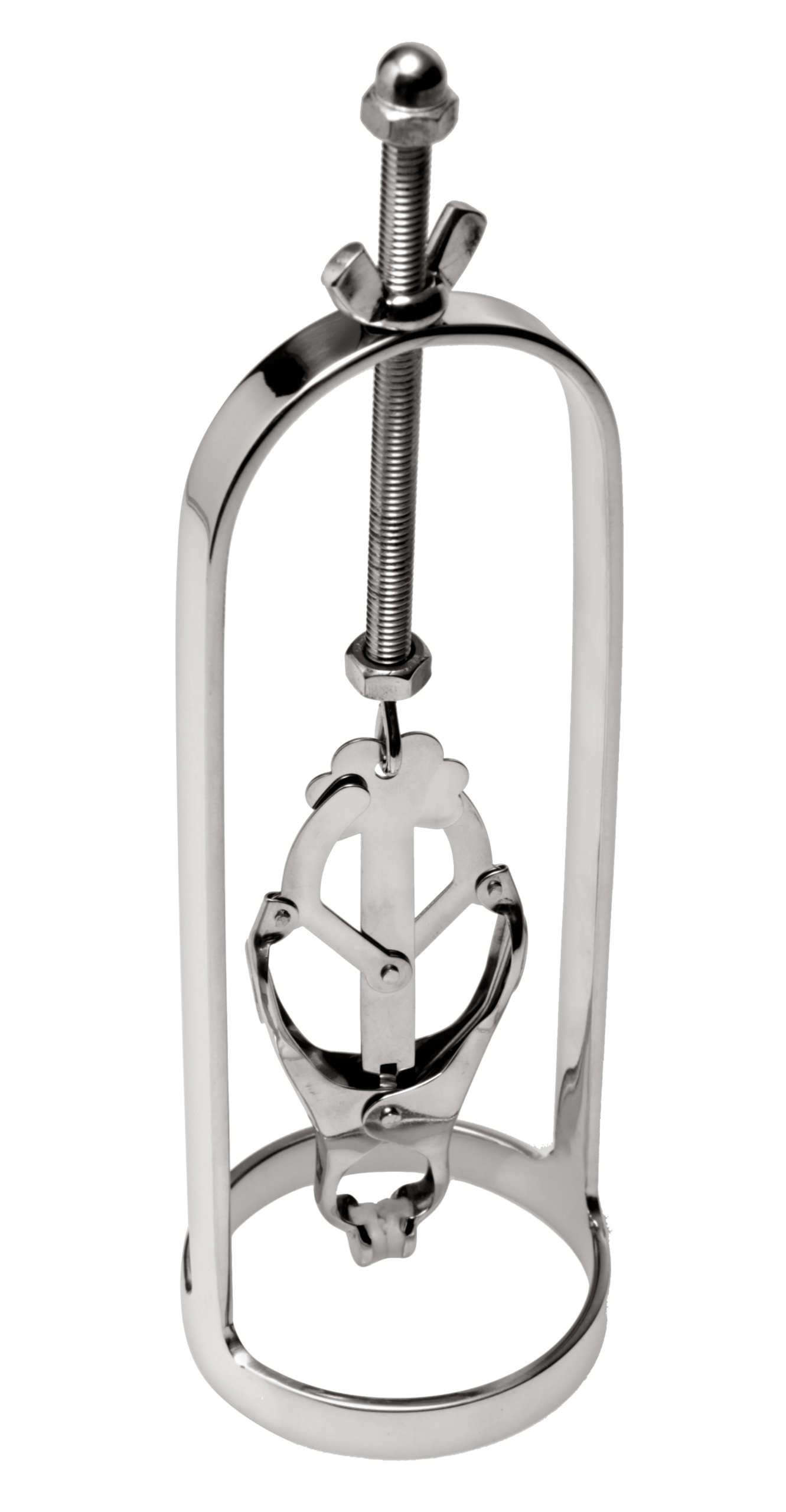 Comprised of a stainless steel frame supporting a dangling clover clamp
