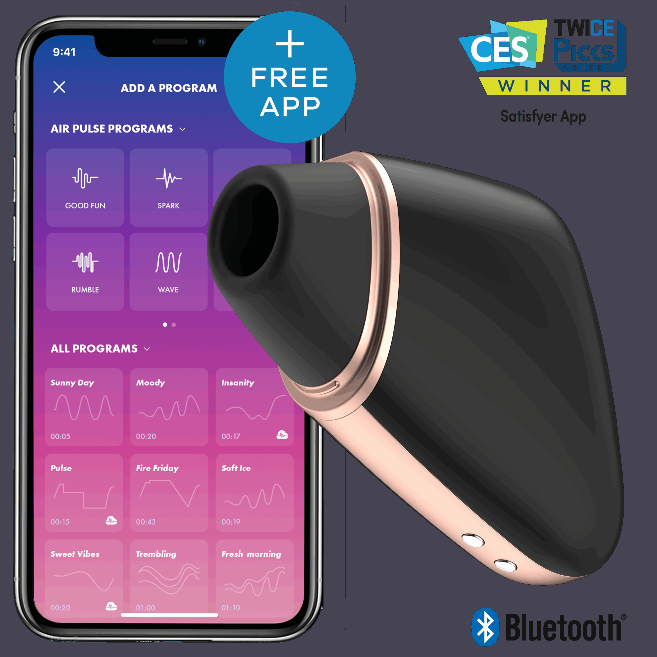 The LOVE TRIANGLE is APP ENABLED and blissfully combines Air-Pulse Technology and vibrations in a clever