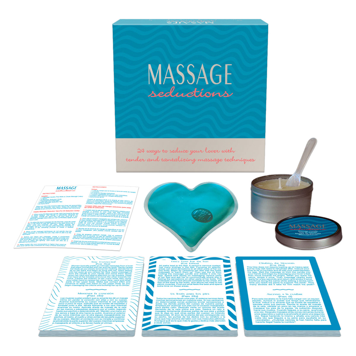 Are you looking for ways to intensify your intimacy with a variety of massage methods? Bring sensual spa experiences home with this erotic massage kit. The kit offers 24 ways to seduce your lover with tender and tantalizing massage techniques.