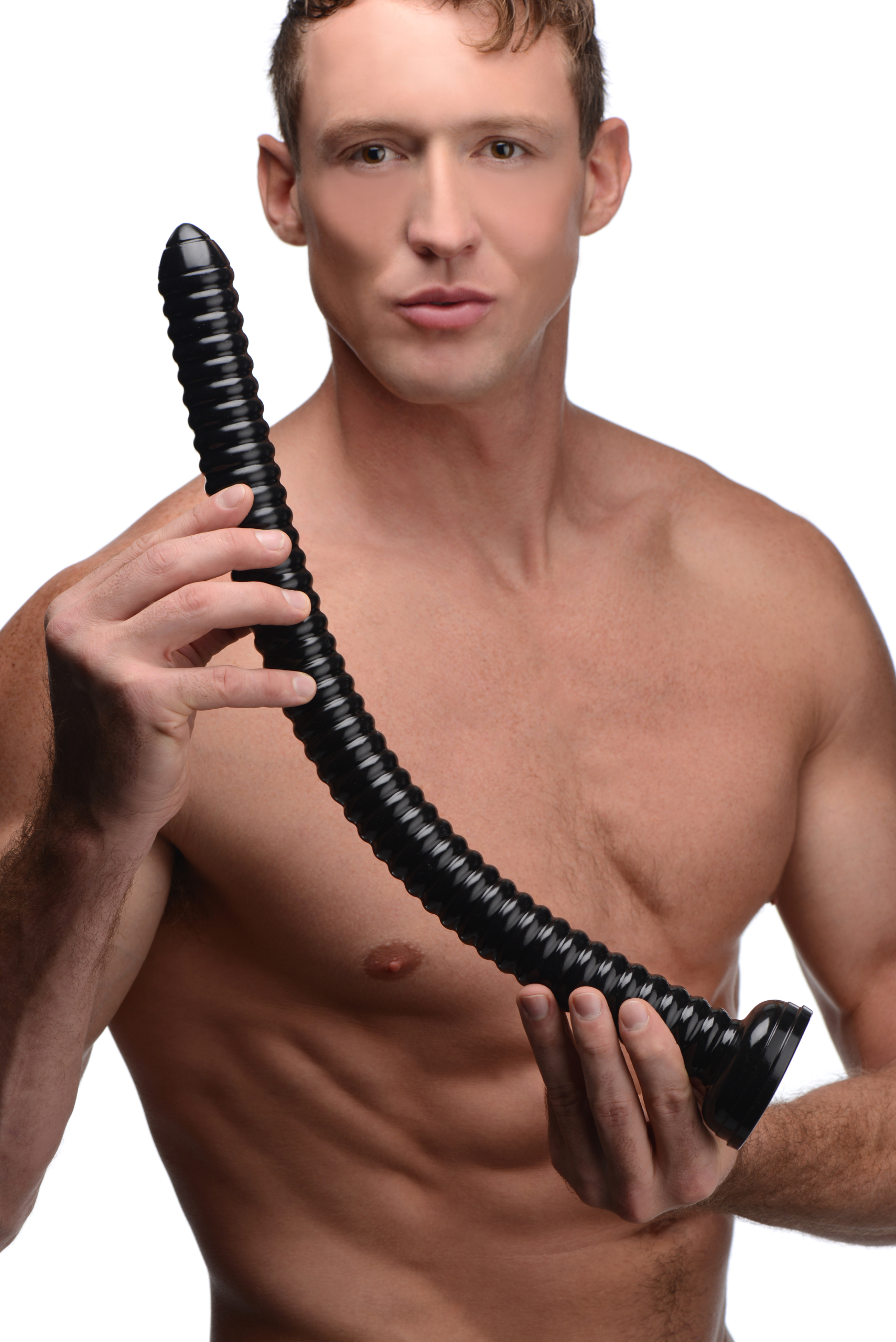 this flexible-but-firm dong has an irresistible ribbed texture that runs up its extraordinary length to deliver a deep tissue massage as you feed it into your hole.