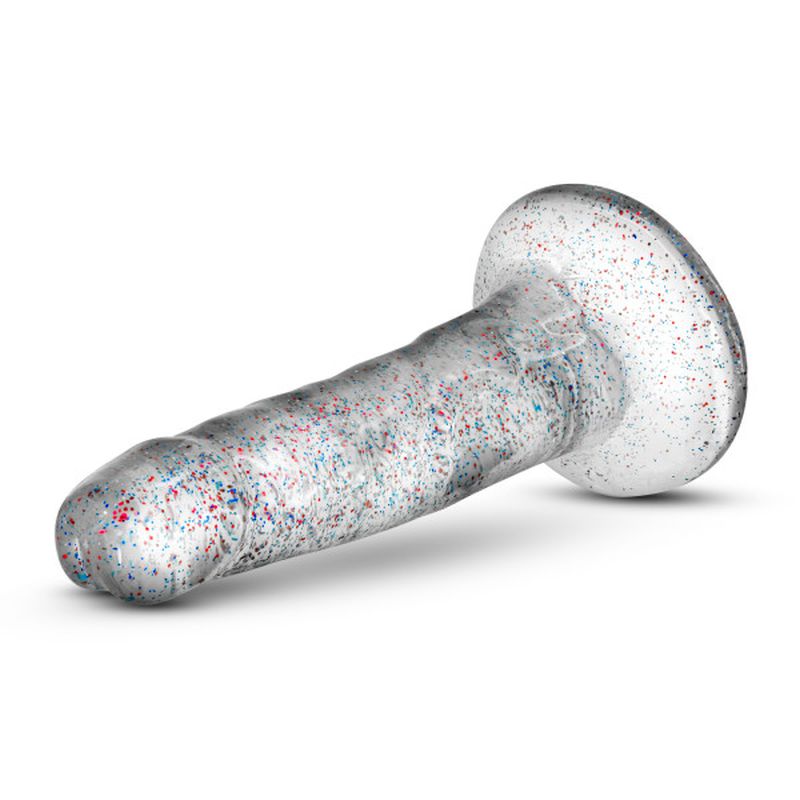 It's crystal like shimmering shaft looks adorable and pretty. The Glitter Dong 's 5 inches of soft insertable shaft fills you up comfortably. It is the perfect body safe sex toy for foreplay