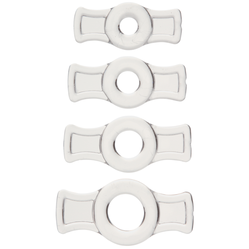 <p>These TitanMen Tools Cock Rings stretch to fit with the aid of easy to grip side tabs. Each set contains 4 rings ranging in size from 0.4 inch” to 0.75inch unstretched.</p>