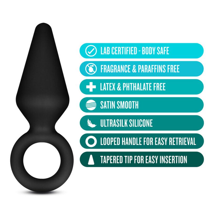 The plug has a tapered tip that gradually increases in size for easy insertion. It features a sturdy firm ring at the base for safety and easy removal.