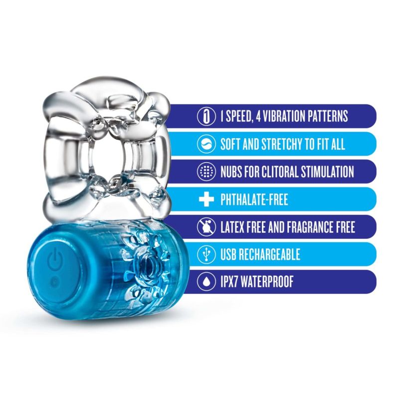 Amplify your pleasure and extend your playtime. Play With Me Vibrating C-Rings can be worn around the base of the shaft or underneath the balls and are stretchy and soft