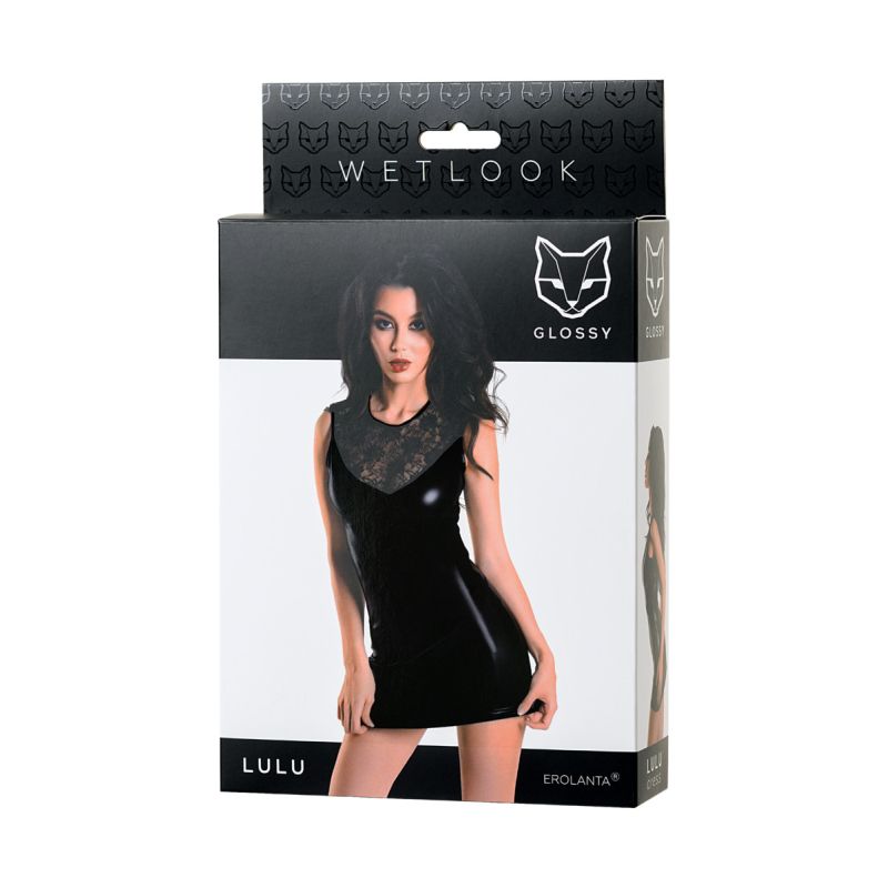 A shiny black dress made of Wetlook material with lace inserts. It fits the silhouette sexually