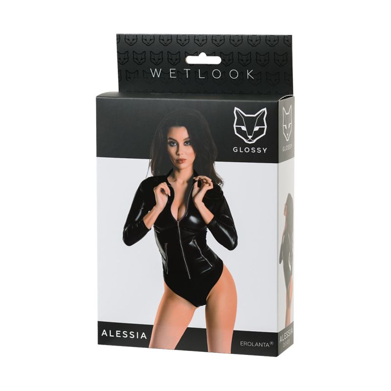 The sexy Glossy Alessia Wetlook Bodysuit w Zip made from 95% polyester and 5% spandex perfectly fits your figure and can decorate your evening look in combination with trousers or a skirt. This bodysuit has a metal zipper in the front and blue metal false pockets.