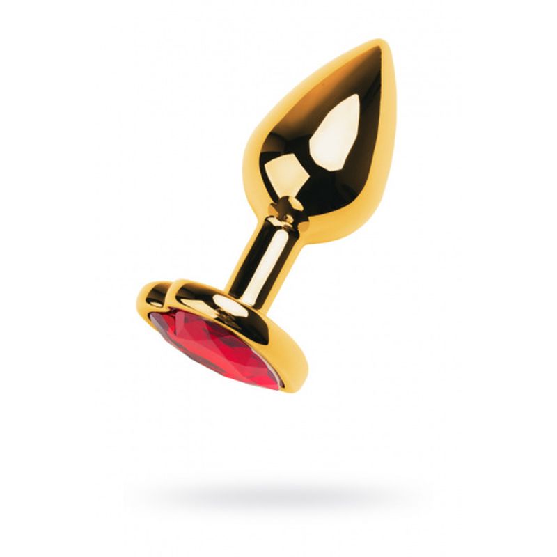 <p>Small gold Metal Anal Plug w Red Ruby Heart Crystal.</p>