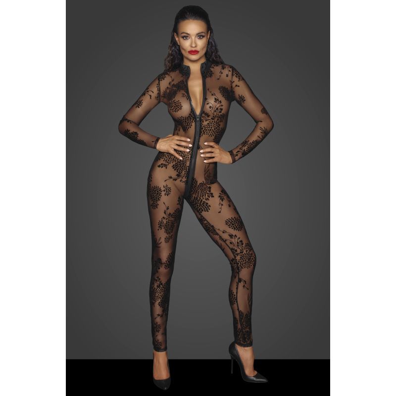 This sexy long tulle overall is adorned with flock embroidery and long 3 way zipper that goes from the collar all the way down to the crotch.This sheer look showcases coquettish femininity.