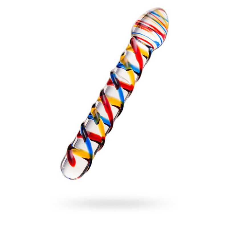This perfectly smooth glass phallus makes intimate games as bright as the colourful stripes decorating its trunk.