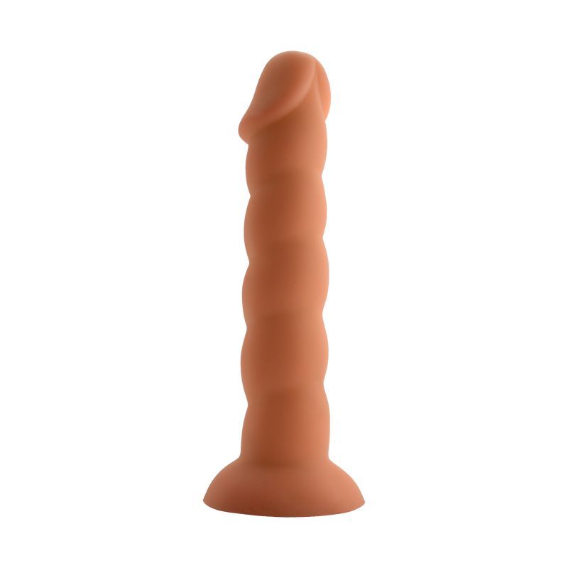 <p>Penis shaped dildo ridged around the shaft with a suction base in flesh colour.</p>