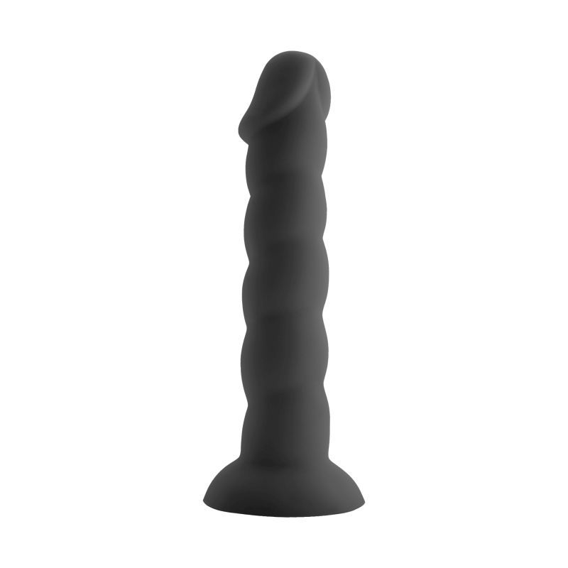 <p>Penis shaped dildo ridged around the shaft with a suction base in black colour.</p>