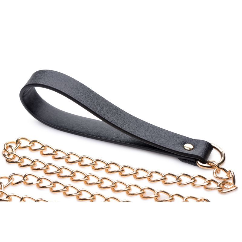 while the PU leather hand loop provides a genuine feel and lasting durability. The clasp hook at the end of the gold chain easily snaps on to most D-rings and collar styles so you can clip on and play with ease.</p>