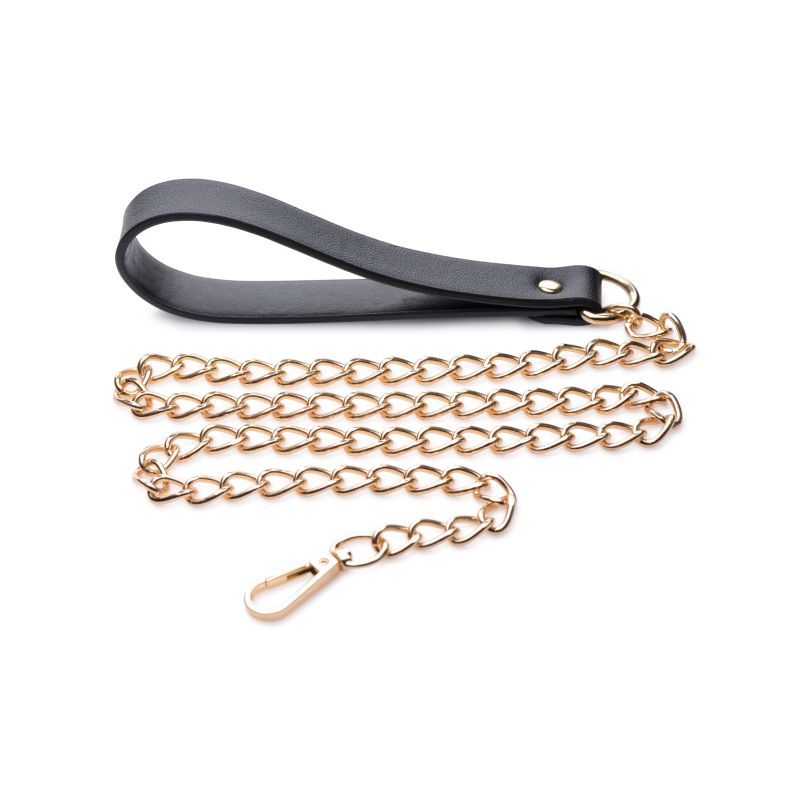 Leash up your sub in style with this Black and Gold chain leash! The black PU leather hand loop matches the dazzling gold metal hardware to provide you a bondage accessory that lets you strut your sub in style.