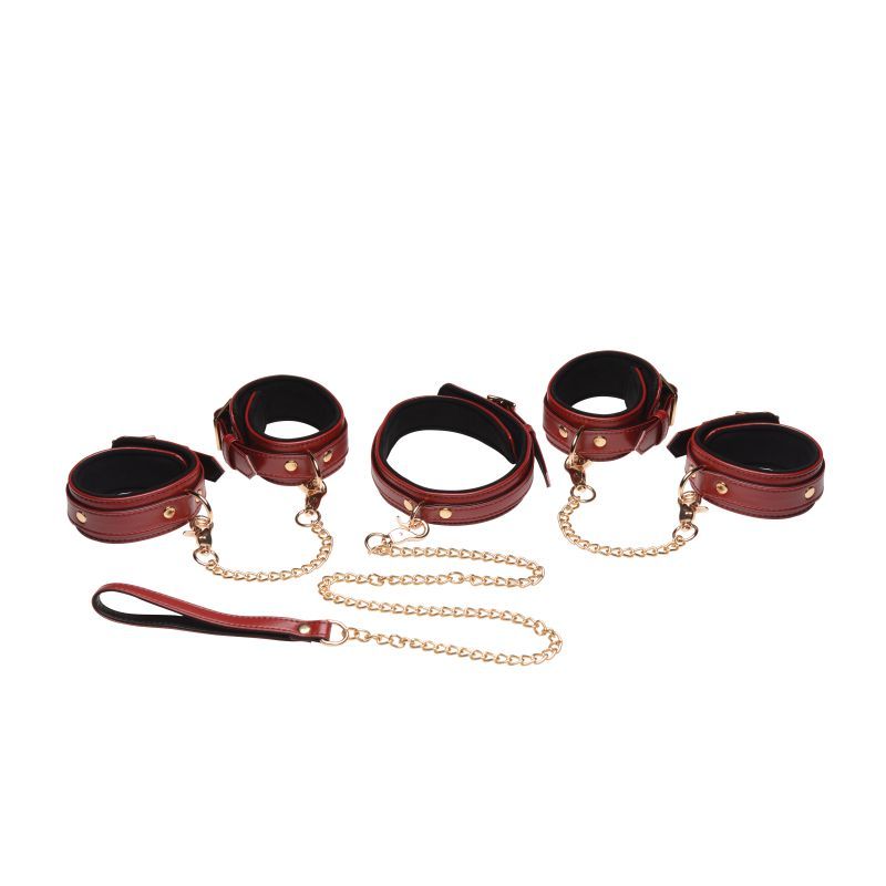 <p>Show your sassy submissive side with stylish and sensual burgundy and gold restraints! Tease your partner as you gently pull against the cuffs and chains