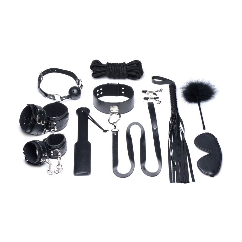 and punish your partner is included in this Deluxe 10 Piece Bondage Set: a thick blindfold