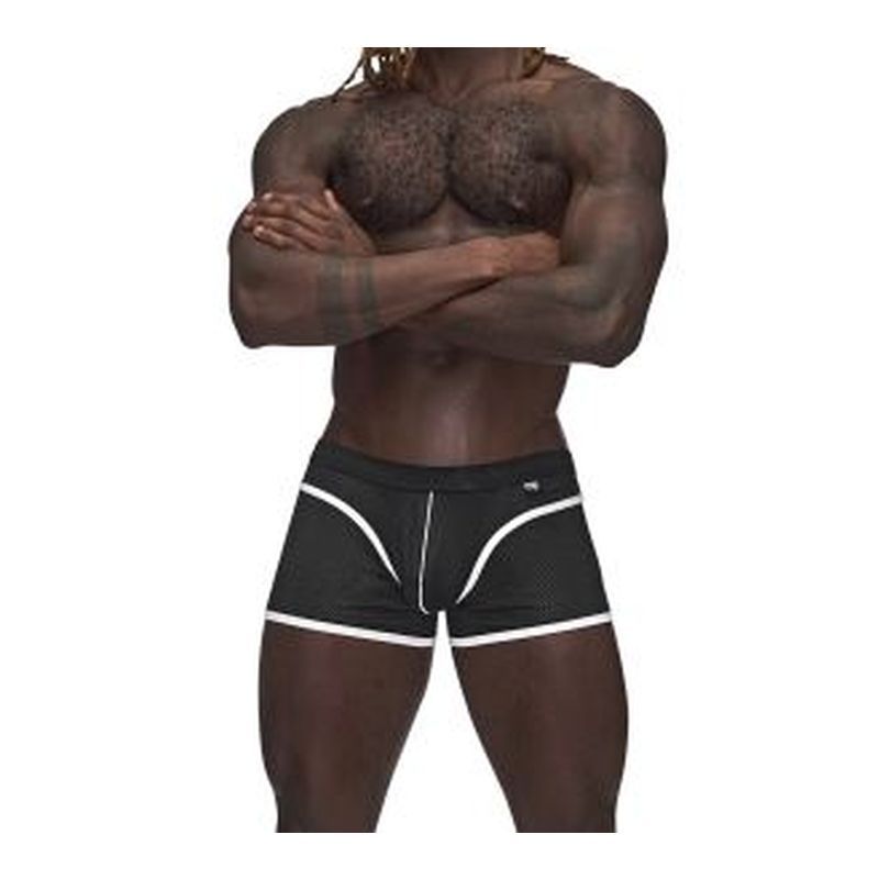 features a stay put fabric covered waistband with a logod MP tag. Plush elastane sporty striping highlights the front
