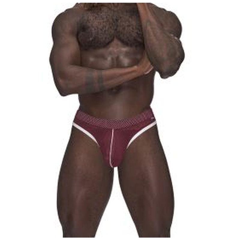 features a stay put fabric covered waistband with a logod MP tag. Plush elastane sporty striping highlights the front
